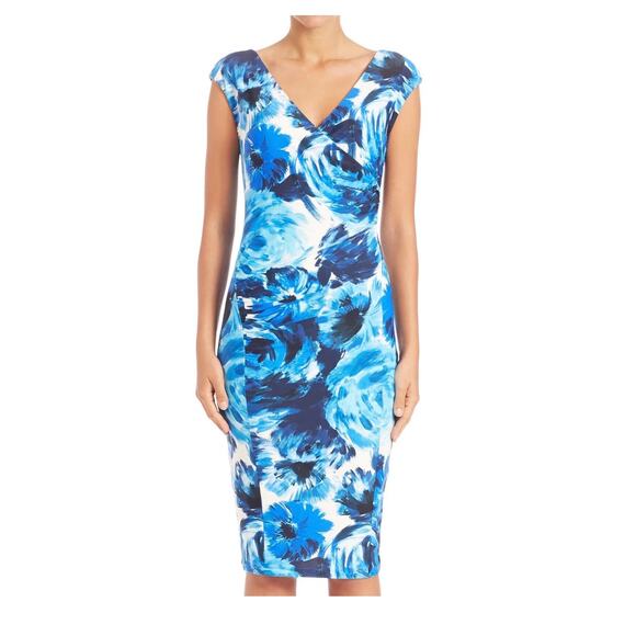 Fuzzi Blue Floral Print Sleeveless Ruched Faux Wrap Dress Size Medium - Picture 1 of 10